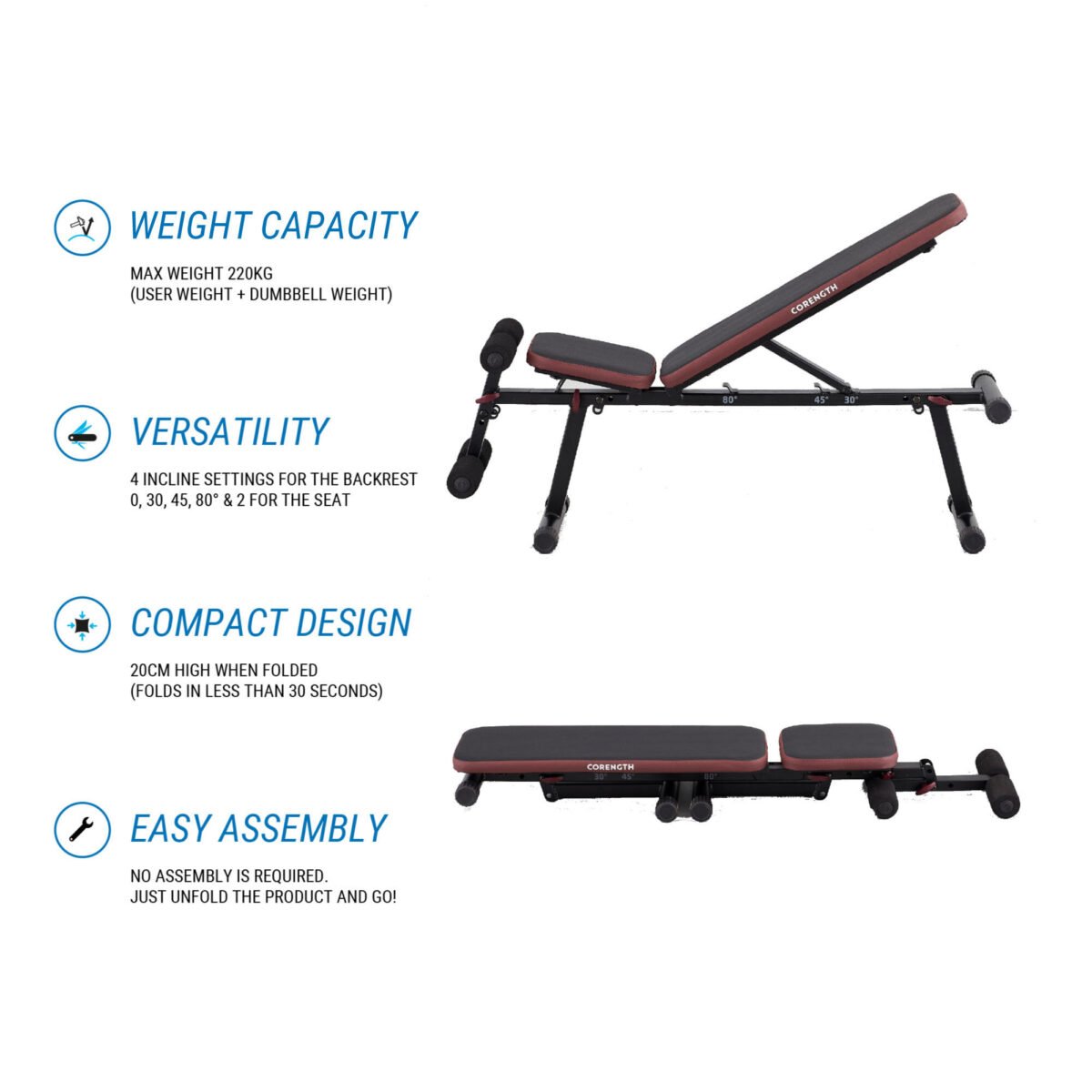 Gym Weight Bench, Foldable, 4 Incline levels, Supports upto 220kg, 500 - Black - Image 2