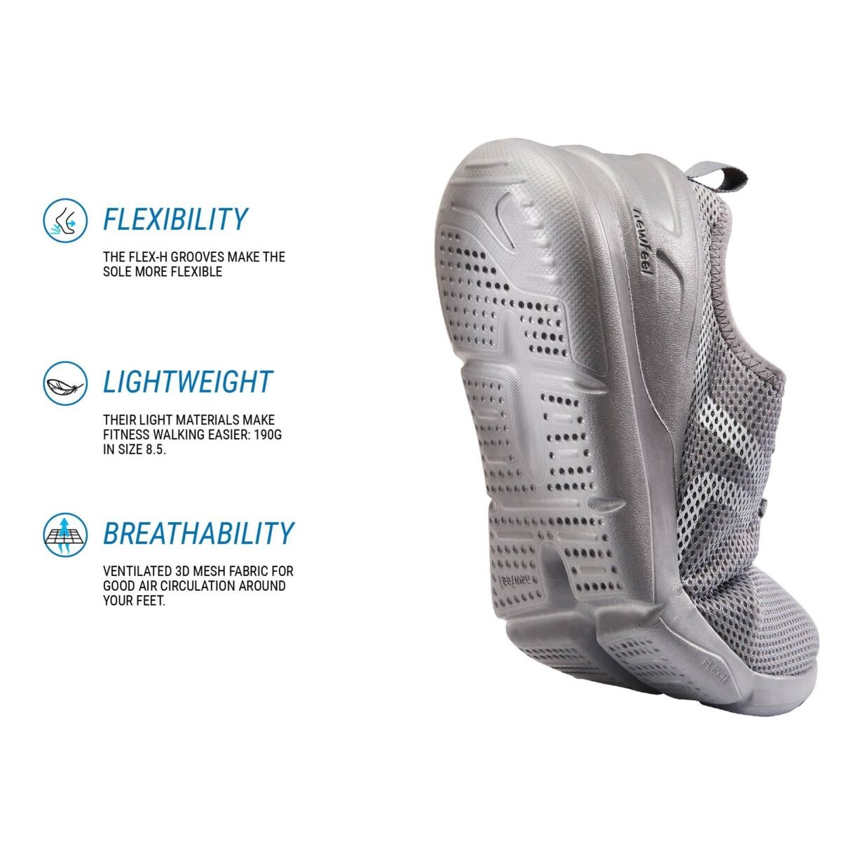 Men Walking Shoes - Breathable Mesh, Lightweight, Flex-H Grooves PW 100 - Grey - Image 2