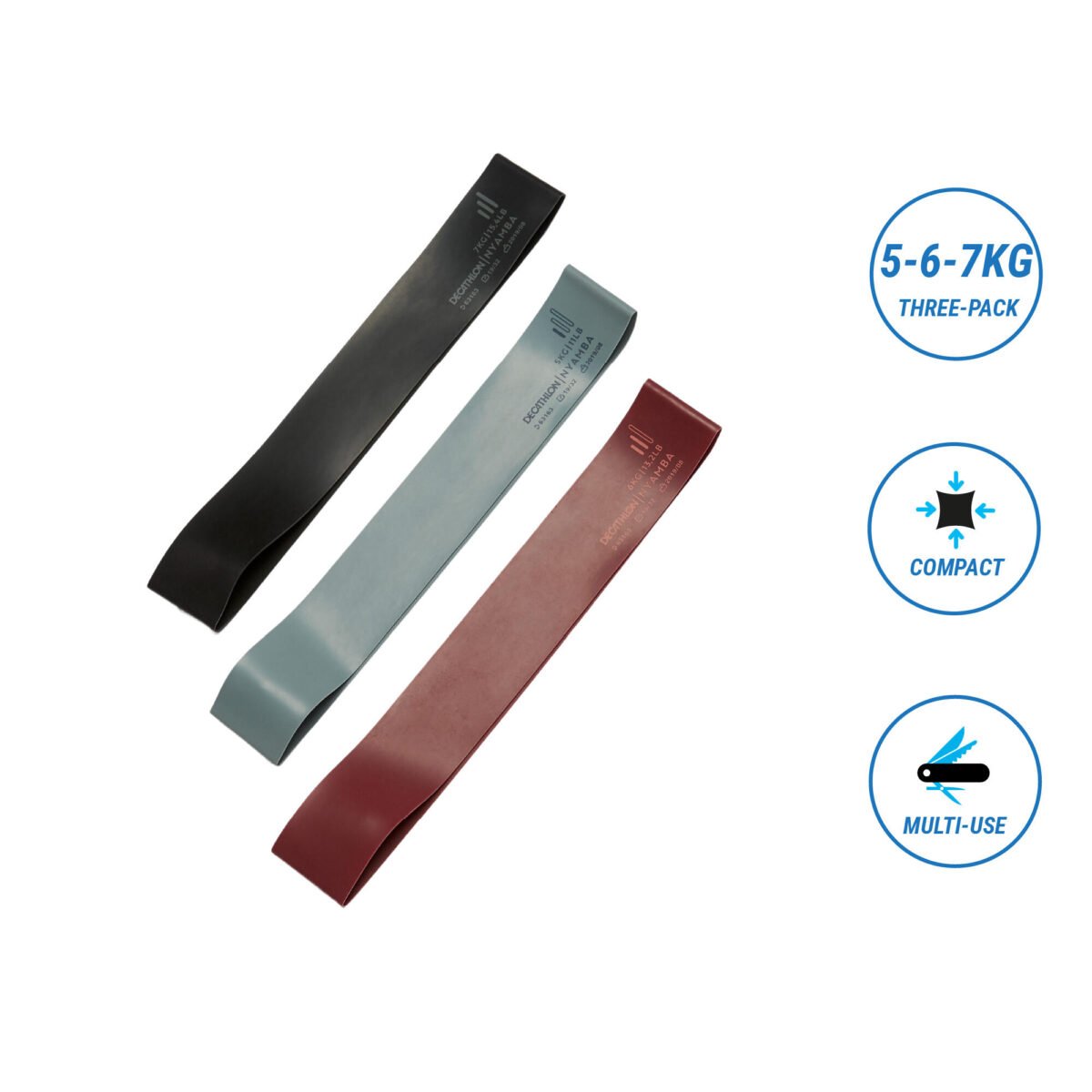 Gym Mini Resistance Band - 5-6-7 kg - Turquoise/Burgundy/Black - Image 2