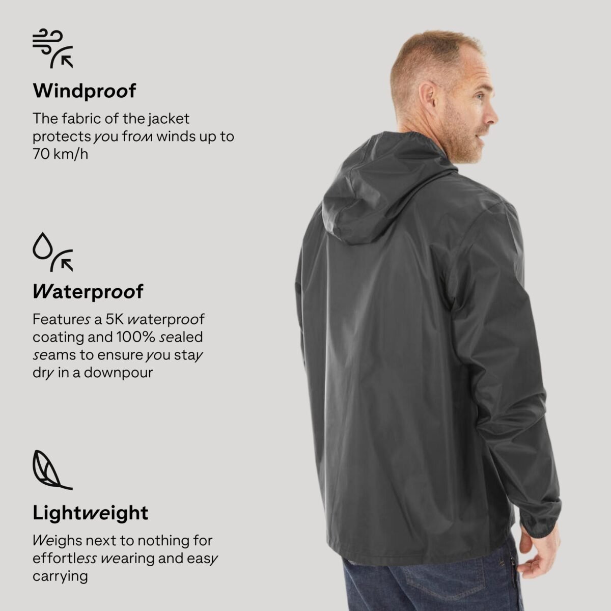 Men Half Zip Compact Rain Jacket with Pouch - Black - Image 3